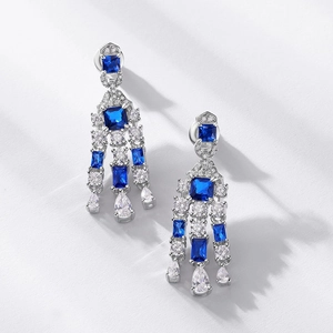 Luxurious S925 silver fringe earrings with blue square gems and sparkling crystals
