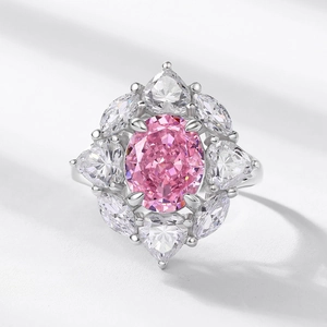 Luxurious S925 silver ring featuring a large pink oval gemstone in a floral petal setting