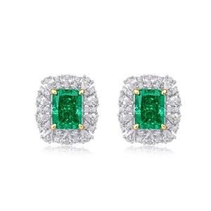 Elegant emerald cut green gemstone stud earrings with 18k gold plating and halo diamonds