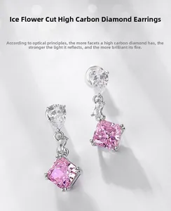 Detail of S925 silver earrings featuring pink square ice-cut high carbon diamonds
