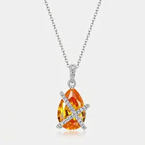 S925 Sterling Silver Pear Shaped Orange Yellow Zirconia Pendant Luxury Water Drop X Cross Design Jewelry For Women Pendant Only