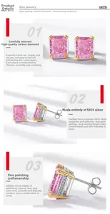 Macro detail of S925 silver stud earrings with pink rectangle carbon diamond and 4-prong setting
