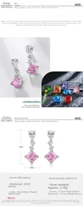 Detail of S925 silver pink cushion-cut drop earrings with 24x10mm size specifications