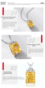Close-up of S925 silver necklace with rectangular yellow carbon diamond pendant