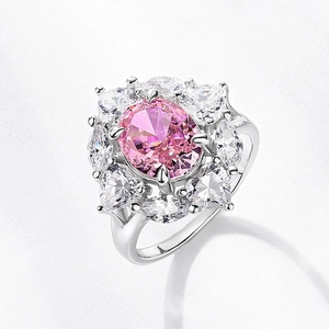 Elegant S925 silver ring with large oval pink stone and floral cluster of white diamonds