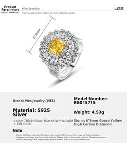 Gros plan d'une bague en argent S925 avec diamant jaune 6x6mm et détails pavés