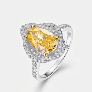 Bague Halo en Argent Sterling 925 avec Pierre Jaune en Forme de Poire pour Femme Aspect Diamant Bijoux Mode Cadeau Mariage