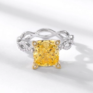 Luxury S925 silver ring with radiant cushion-cut yellow gemstone and pave diamonds