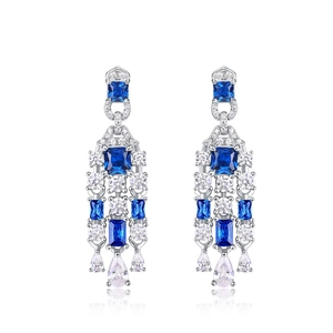 Vintage S925 silver dangling earrings with deep blue square gems and tassels