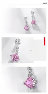Macro shot of S925 silver earrings with pink radiant-cut diamonds and fine hand-setting