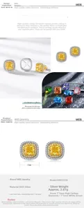 Detail view of 7mm yellow cushion-cut carbon diamond stud earrings in S925 silver