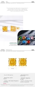 Macro shot of yellow cushion-cut princess square earrings in S925 sterling silver finish