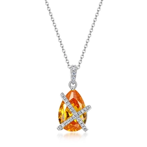 Luxurious S925 silver necklace with pear-cut orange gemstone and diamond accents