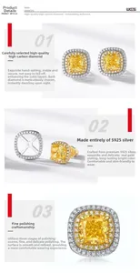 Detailed view of yellow cushion-cut earrings with S925 silver and gold plating