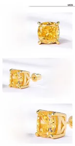 Macro detail of square yellow diamond earrings with S925 silver four-claw setting
