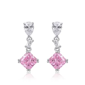 925 Sterling Silver Pink Square Zirconia Drop Earrings For Women Ice Cut Radiant Dangle Earrings Luxurious Fashion Jewelry