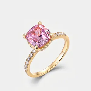 S925 Sterling Silver Pink Rhinestone Ring For Women Elegant 18K Gold Plated Cushion Cut Geometric Inlaid High Carbon Diamond Look Finger Ring Jewelry Gift