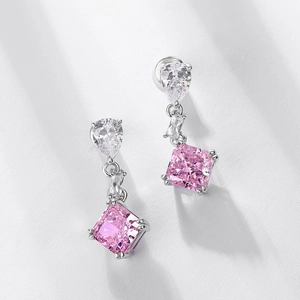 Luxurious S925 silver earrings with square radiant-cut pink and white carbon diamonds