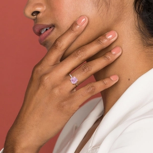 Exquisite 18k gold plated S925 silver ring with cushion-cut pink carbon diamond on finger