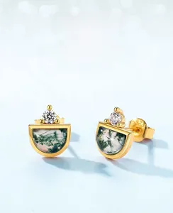 Detail view of S925 silver gold-plated moss agate earrings with CZ accent and hallmark
