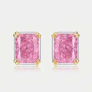 925 Sterling Silver Pink Radiant Cut Zirconia Stud Earrings For Women Two Tone Gold Silver Plated Elegant Fashion Jewelry Ear Studs