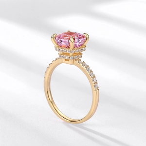 Luxurious S925 silver gold plated ring with cushion cut pink diamond and pavé side stones