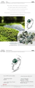 Macro detail of S925 silver ring featuring green moss agate and vine branch design