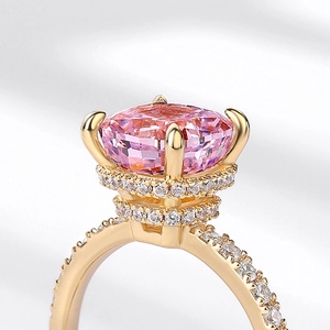 18K gold plated S925 silver ring with a large pink rectangular carbon diamond and pavé accents