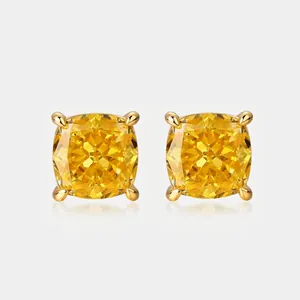 925 Sterling Silver Square Stud Earrings For Women Elegant Yellow Rhinestone Princess Cut Geometric Claw Setting Jewelry