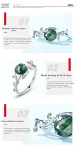 Detail of adjustable S925 silver ring featuring moss agate and hand-set prong setting