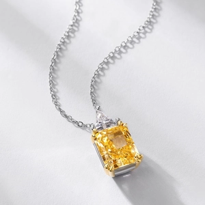 Radiant cut yellow gemstone necklace in S925 silver and 18K gold four-claw setting