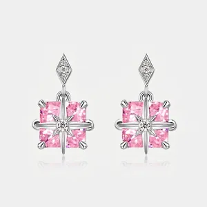 Square 925 Sterling Silver Stud Earrings For Women Pink Zirconia Inlaid Star Design Luxurious Fashion Jewelry Accessories Wedding Gift