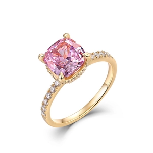 Luxurious 18k gold plated S925 silver ring with cushion cut pink diamond in pavé setting