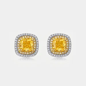 Luxury 925 Sterling Silver Yellow Cushion Cut High Carbon Diamond Halo Stud Earrings For Women Fashion Jewelry Earrings