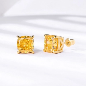 Elegant 925 silver yellow square cushion cut diamond stud earrings with gold four-prong setting