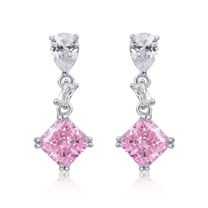 S925 silver drop earrings with pink radiant-cut cubic zirconia and pear-shaped accents
