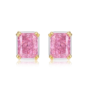 Western style pink high carbon diamond stud earrings in rectangular cut with gold prongs
