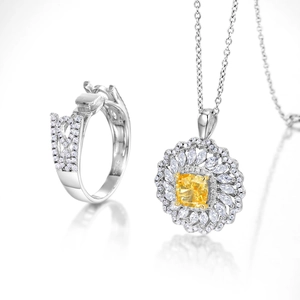 Ensemble bague et collier en argent S925 avec pierres jaunes taille coussin et design tournesol