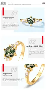 Detail view of hexagonal green moss agate ring with S925 sterling silver prong setting