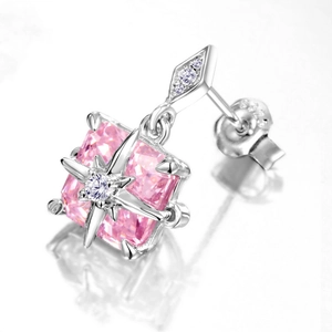 Square pink gemstone drop earrings in S925 sterling silver with sparkling micro-inlays