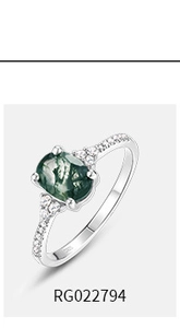 Detail view of S925 sterling silver ring with oval moss agate stone and small side diamonds