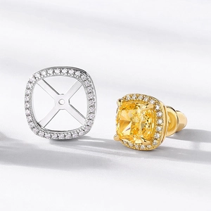 S925 silver cushion cut yellow diamond stud earrings with micro pavé halo setting