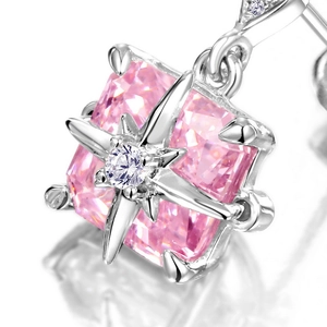 Square pink ice-cut zircon earrings in S925 silver with elegant star-shaped accents