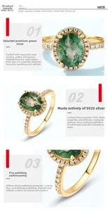 Macro view of S925 silver ring with moss agate stone and prong-set carbon diamonds
