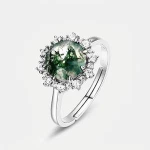 Anello in Argento Sterling S925 con Agata Muschiata Verde Pietra Tonda Strass Girasole Nobile Gioielli Regolabili per Donna