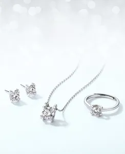 Close-up of S925 silver moissanite jewelry set with necklace, ring and earrings