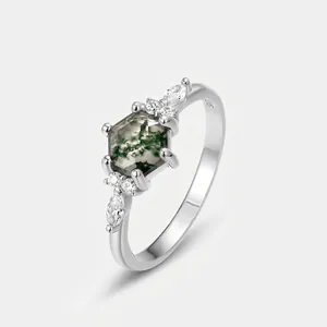 Vintage Hexagon Moss Agate Ring For Women S925 Sterling Silver Plated Inlaid Zirconia Geometric Finger Ring Jewelry Gift
