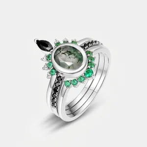 Vintage 925 Sterling Silver Ring Set For Women Oval Moss Agate Zirconia Bohemian Stackable Three-In-One Jewelry Gift