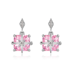 S925 silver square pink ice flower earrings with princess cut high carbon diamonds