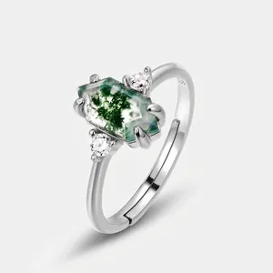 Vintage Hexagonal Moss Agate S925 Sterling Silver Ring Adjustable Rhinestone Open Finger Ring For Women Luxury Jewelry